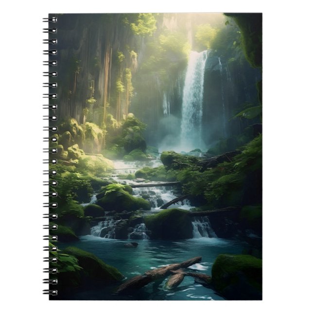 Beautiful Realistic Magical Forest Waterfall Notebook (Front)