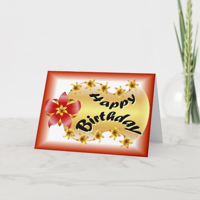 Beautiful red and gold flower in orange birthday card (Front)