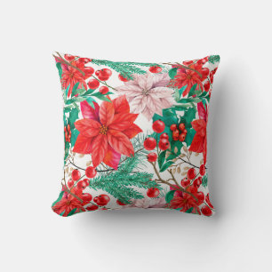 Beautiful Red and Pink Poinsettias, Pine & Berries Cushion