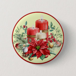 Beautiful Red and White Candles & Poinsettias   6 Cm Round Badge