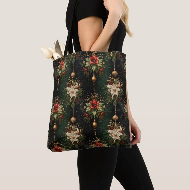 Beautiful Red and White Poinsettias with Ornaments Tote Bag (Close Up)