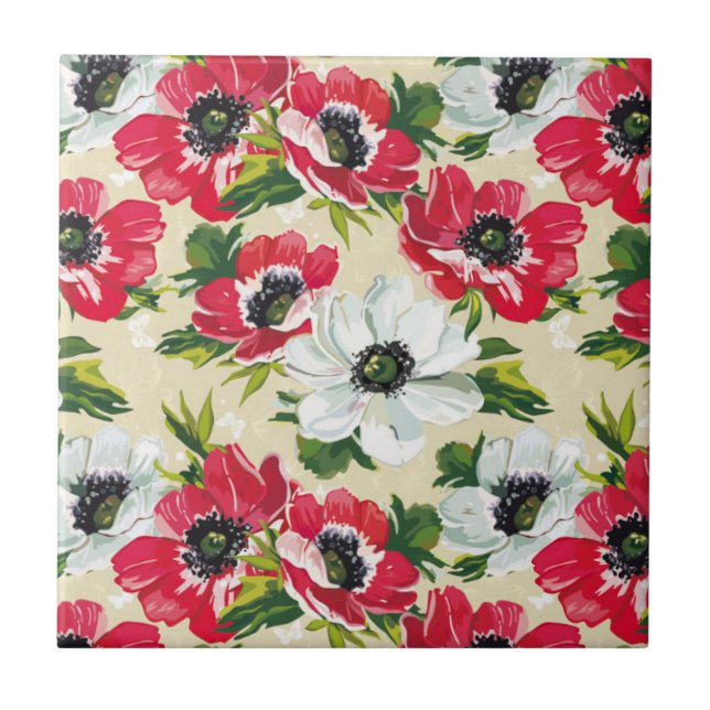Beautiful red and white poppies on cream yellow ceramic tile (Front)