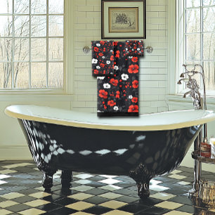 Beautiful Red and White Roses Black Background Bath Towel Set
