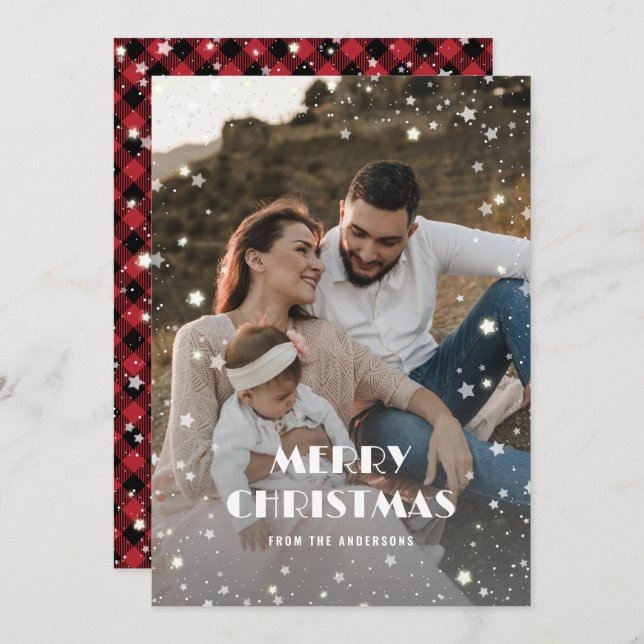 Beautiful Red Buffalo Plaid Snow Starry Photo Holiday Card (Front/Back)