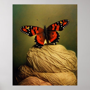 Beautiful Red Butterfly sitting on yarn modern Poster