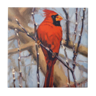 Beautiful Red Cardinal Bird in Bare Tree Ceramic Tile