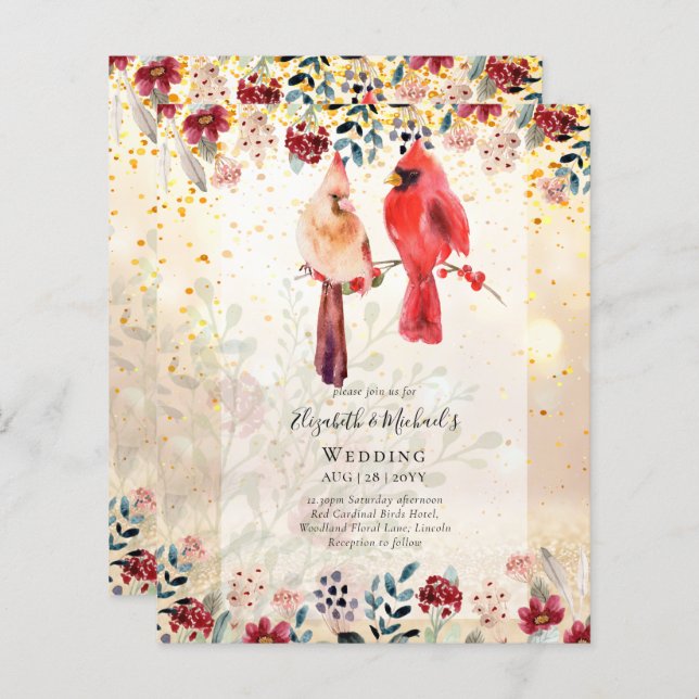 Beautiful RED CARDINAL Birds Wedding Invitation (Front/Back)