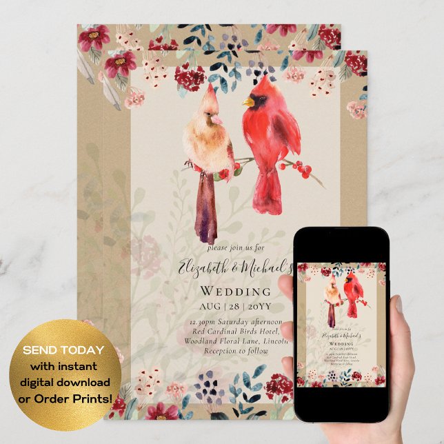 Beautiful RED CARDINAL Birds Wedding Invitation (Creator Uploaded)