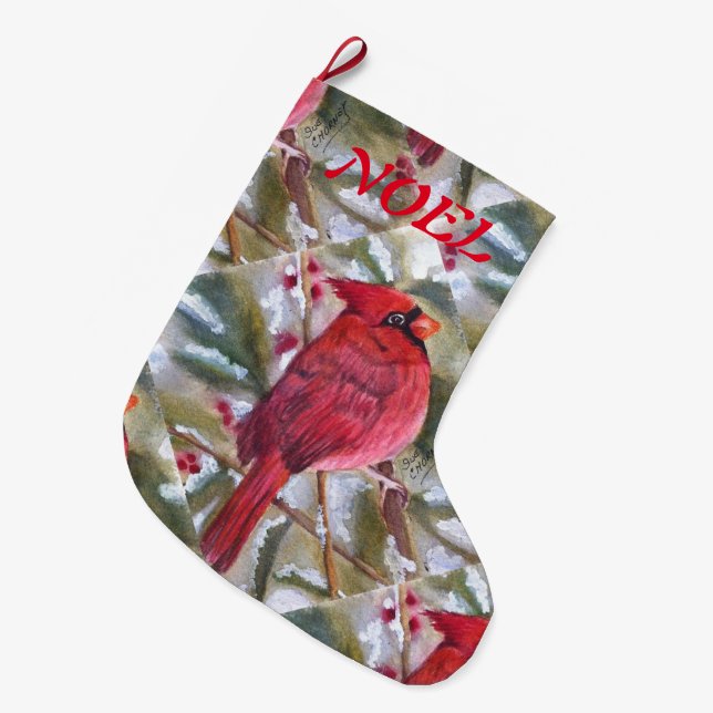 BEAUTIFUL RED CARDINAL LARGE CHRISTMAS STOCKING (Front (Hanging))