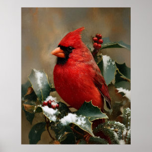 Beautiful Red Cardinal on Snowy Holly Poster