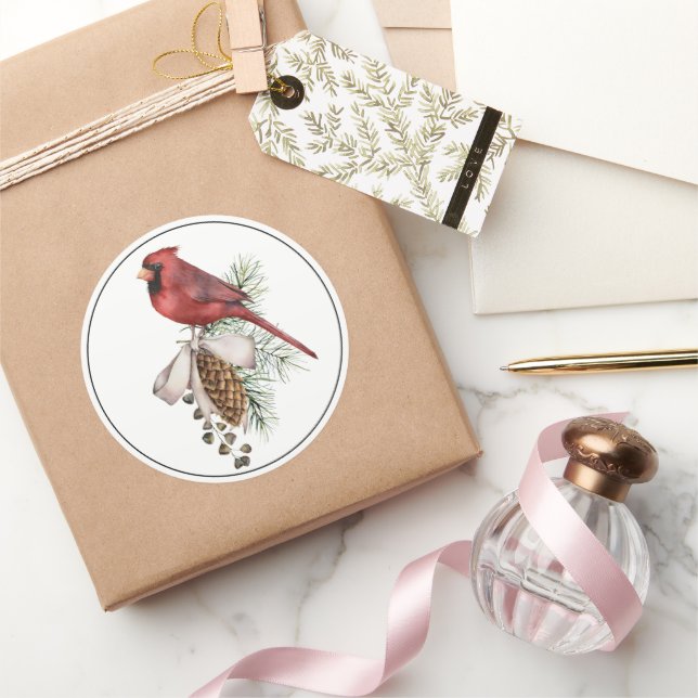 Beautiful Red Christmas Cardinal with Pine Cone Classic Round Sticker (Gifting)