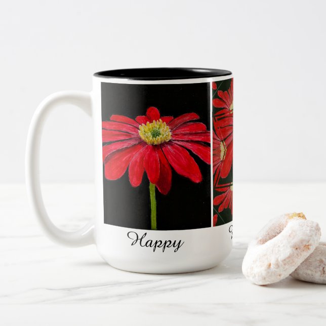 Beautiful Red Daisy Mug Two-Tone Mug, 15 oz (With Donut)