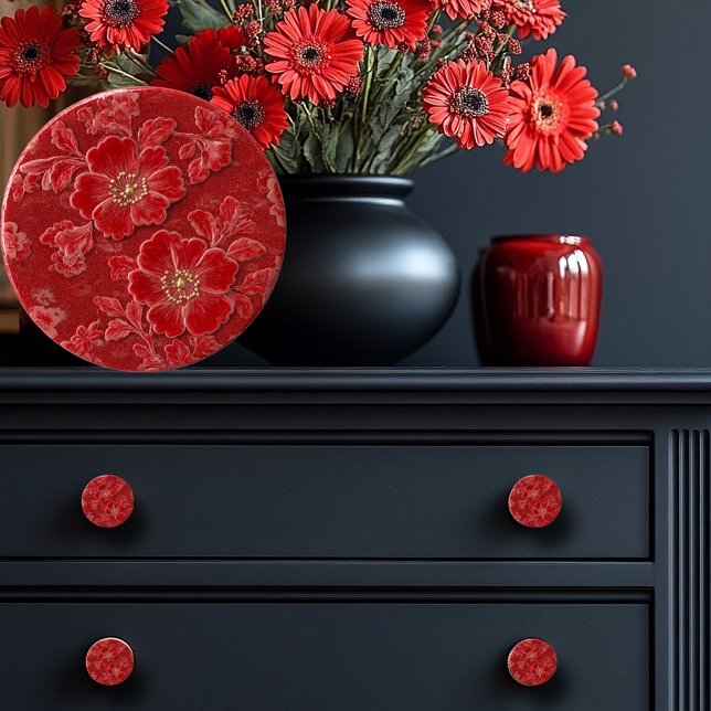 Beautiful  Red Embossed Floral Ceramic Knob (Creator Uploaded)