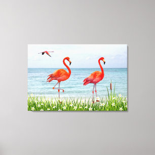 Beautiful Red Flamingos near White Flowers Canvas Print
