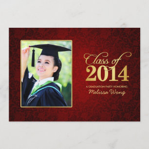 Beautiful Red Floral Damask and Gold Class of 2014 Invitation