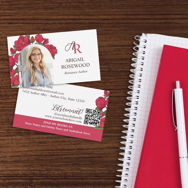 Beautiful Red Floral Monogram Romance Author Business Card (Creator Uploaded)