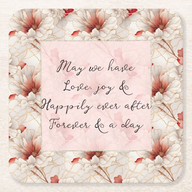 Beautiful Red Floral Romantic Wedding Square Paper Coaster (Front)