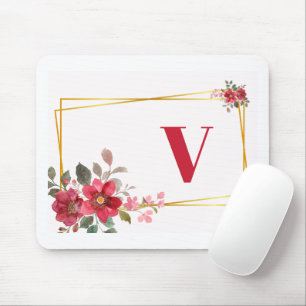 Beautiful Red Floral with Gold Frame Monogram Mouse Pad