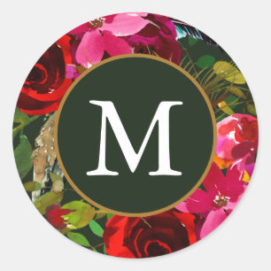 Beautiful Red Floral with Monogram Green Christmas Classic Round Sticker