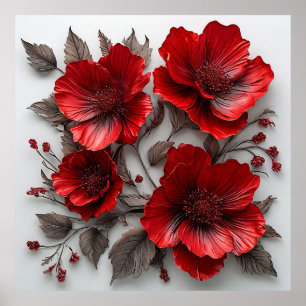 Beautiful Red Flowers and Leaves Poster