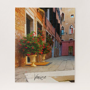 Beautiful Red Flowers Canals of Venice Italy Jigsaw Puzzle