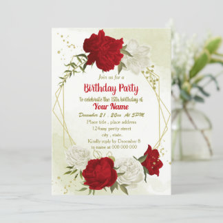 Beautiful red flowers green leaves birthday invitation