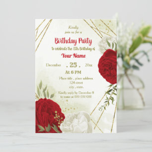 Beautiful red flowers green leaves birthday invitation