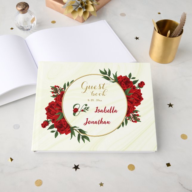 beautiful red flowers greenery guest book (Front Open)