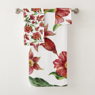 Beautiful Red Flowers Pattern Bath Towel Set