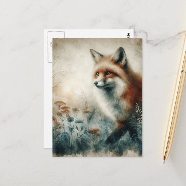 Beautiful Red Fox Watercolor Postcard (Front/Back In Situ)