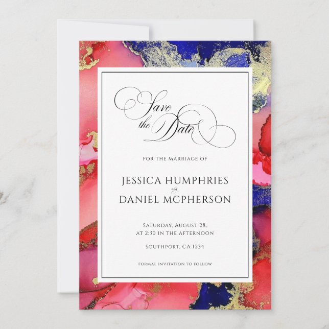 Beautiful Red Gold Purple Abstract Wedding Flat Save The Date (Front)
