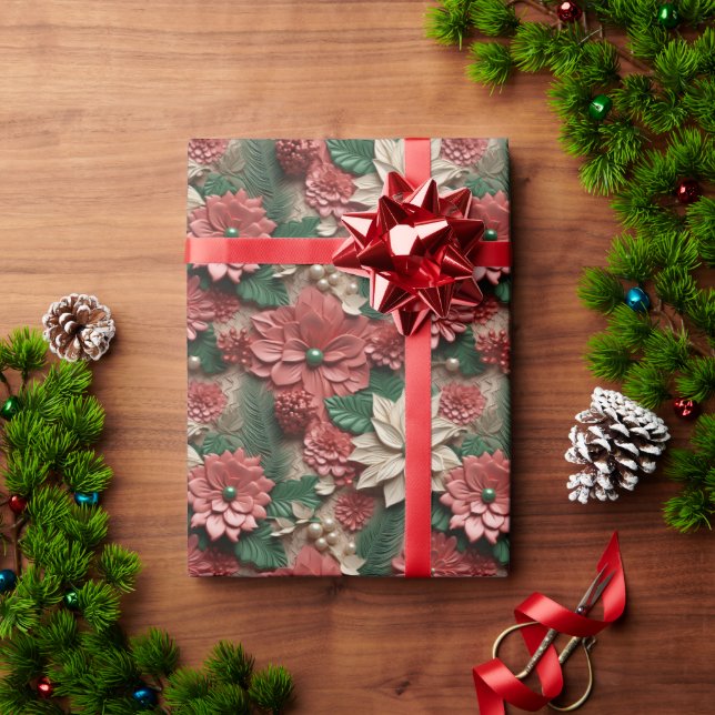 Beautiful Red Green and White 3D Poinsettias Wrapping Paper (Holiday Gift)