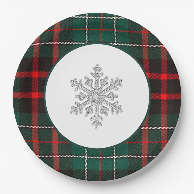 Beautiful Red & Green Christmas Plaid Snowflake Paper Plate (Front)