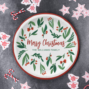 Beautiful Red Green Holly Berry Custom Christmas Paper Plate