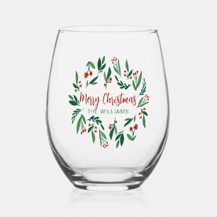Beautiful Red Green Holly Berry Custom Christmas Stemless Wine Glass