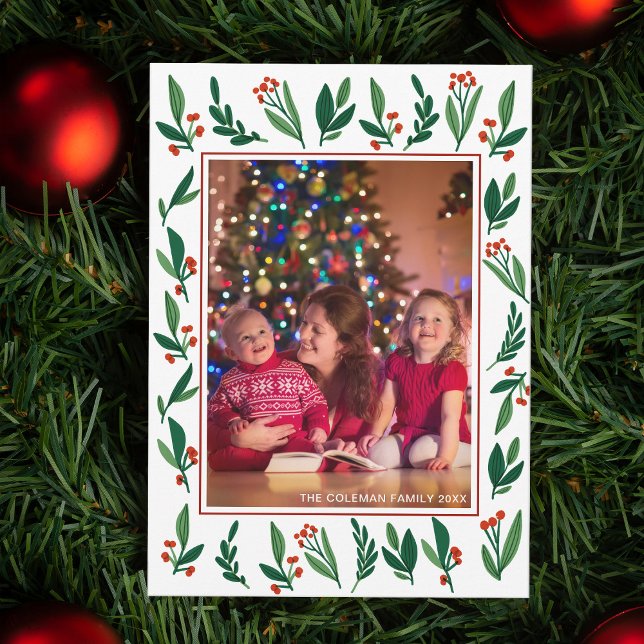 Beautiful Red Green Holly Family Christmas Photo Holiday Card (Creator Uploaded)