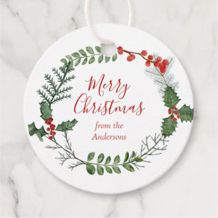 Beautiful Red & Green Watercolor Christmas Wreath Favour Tags