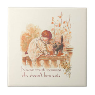 Beautiful Red Haired Child with Kitten Cat Quote Ceramic Tile