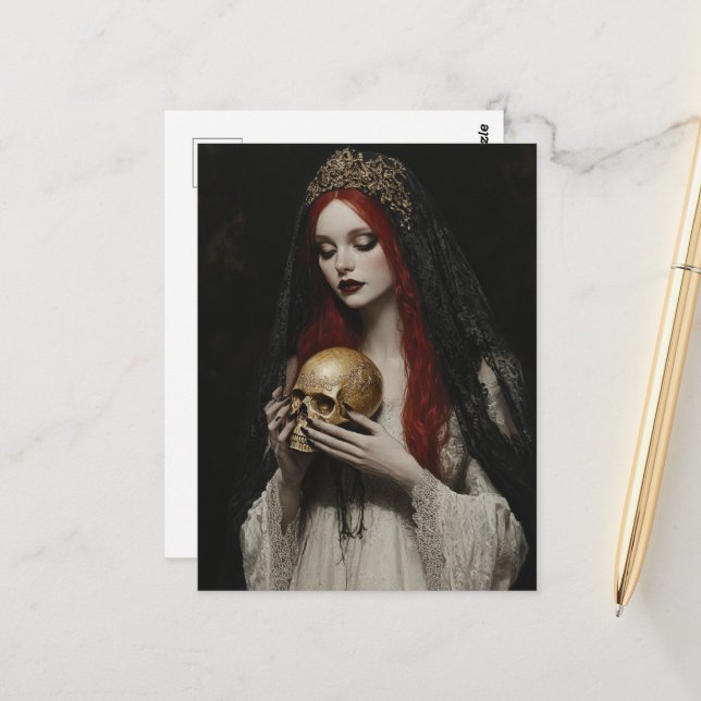 Beautiful Red Haired Woman With a Skull Postcard (Front/Back In Situ)