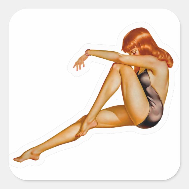 Beautiful Red Head Pin-up Girl Square Sticker (Front)