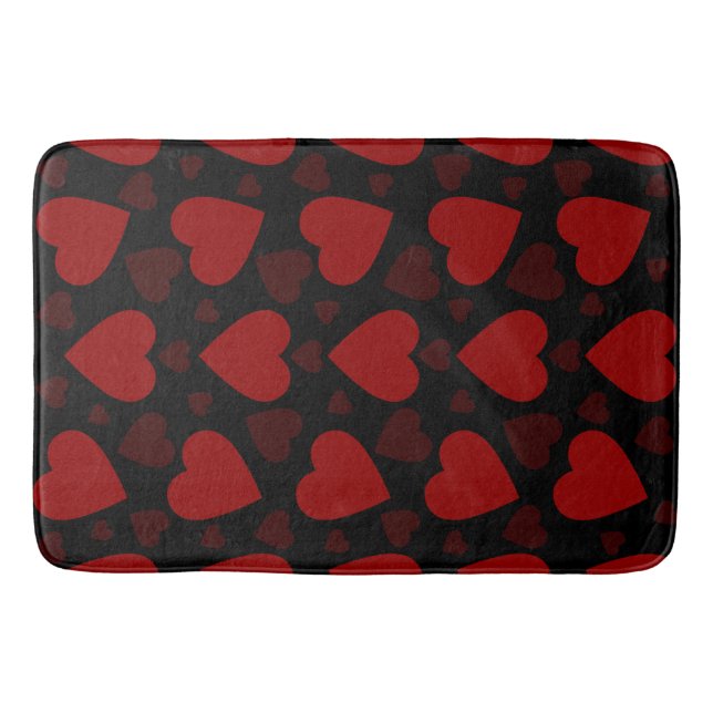 Beautiful red heart pattern on black  bath mat (Front)