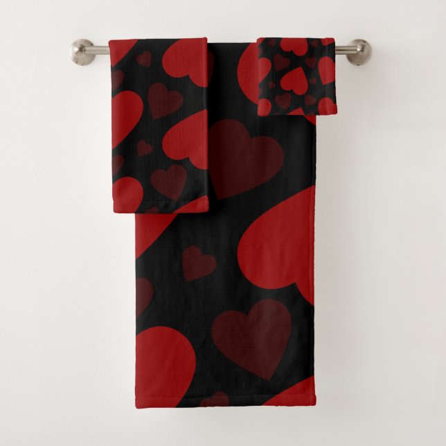 Beautiful red heart pattern on black  bath towel set (Insitu)