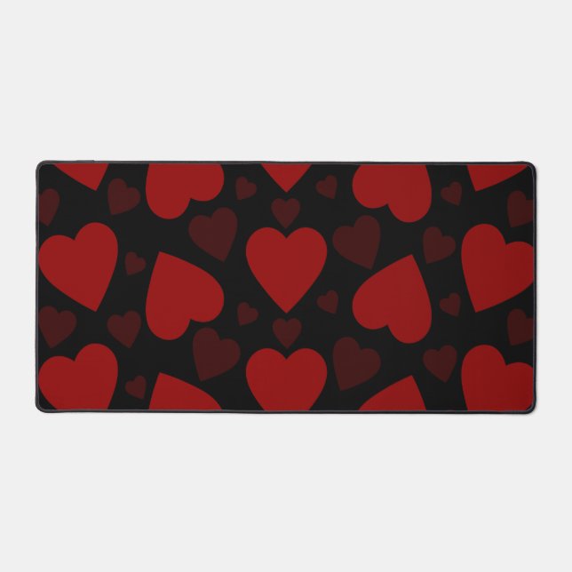 Beautiful red heart pattern on black desk mat (Front)
