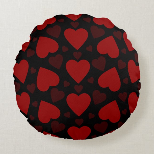 Beautiful red heart pattern on black  round cushion (Front)