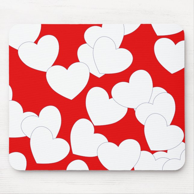 Beautiful Red Mousepad With Big White Hearts (Front)