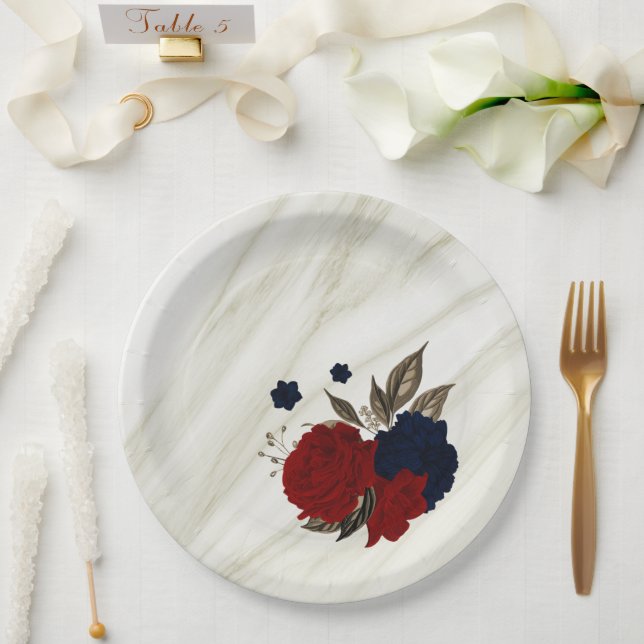 Beautiful red & navy flowers botanical paper plate (Wedding)