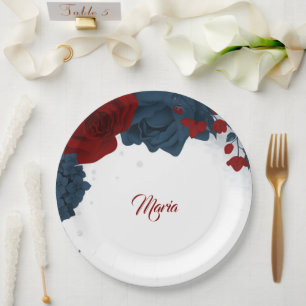 Beautiful red & navy flowers paper plate