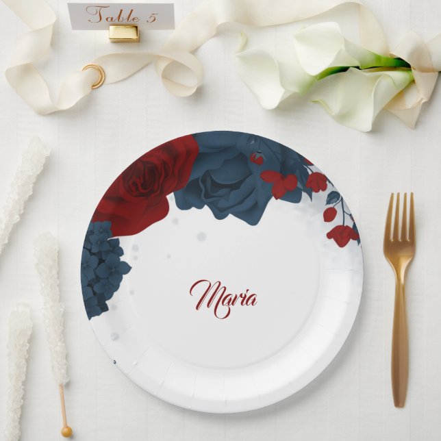 Beautiful red & navy flowers  paper plate (Wedding)