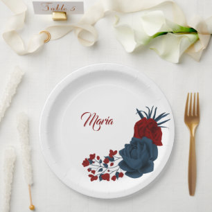Beautiful red & navy flowers paper plate