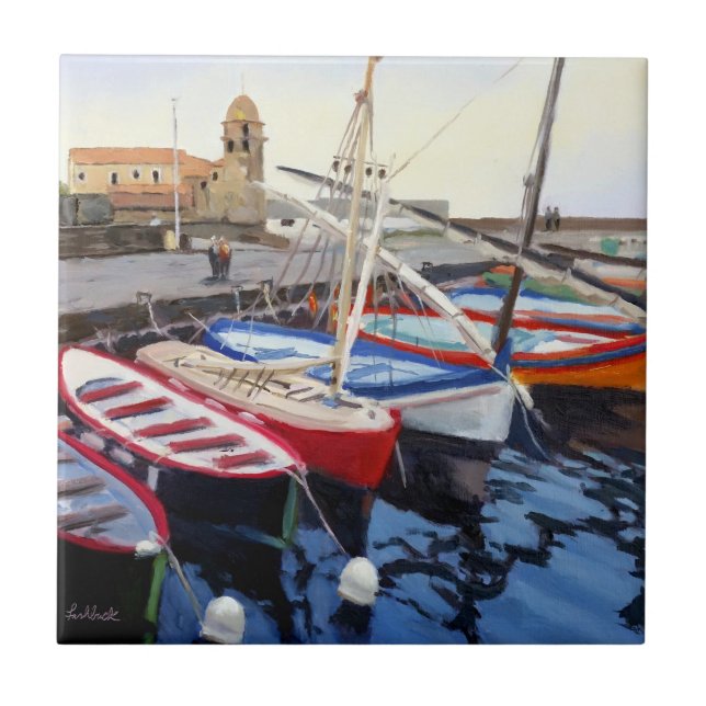 Beautiful Red Orange Blue Green Boats Ceramic Tile (Front)